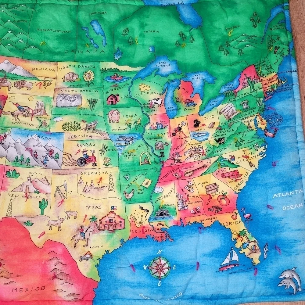Vintage Handmade United States Map State Characteristics Quilt Floral Historical